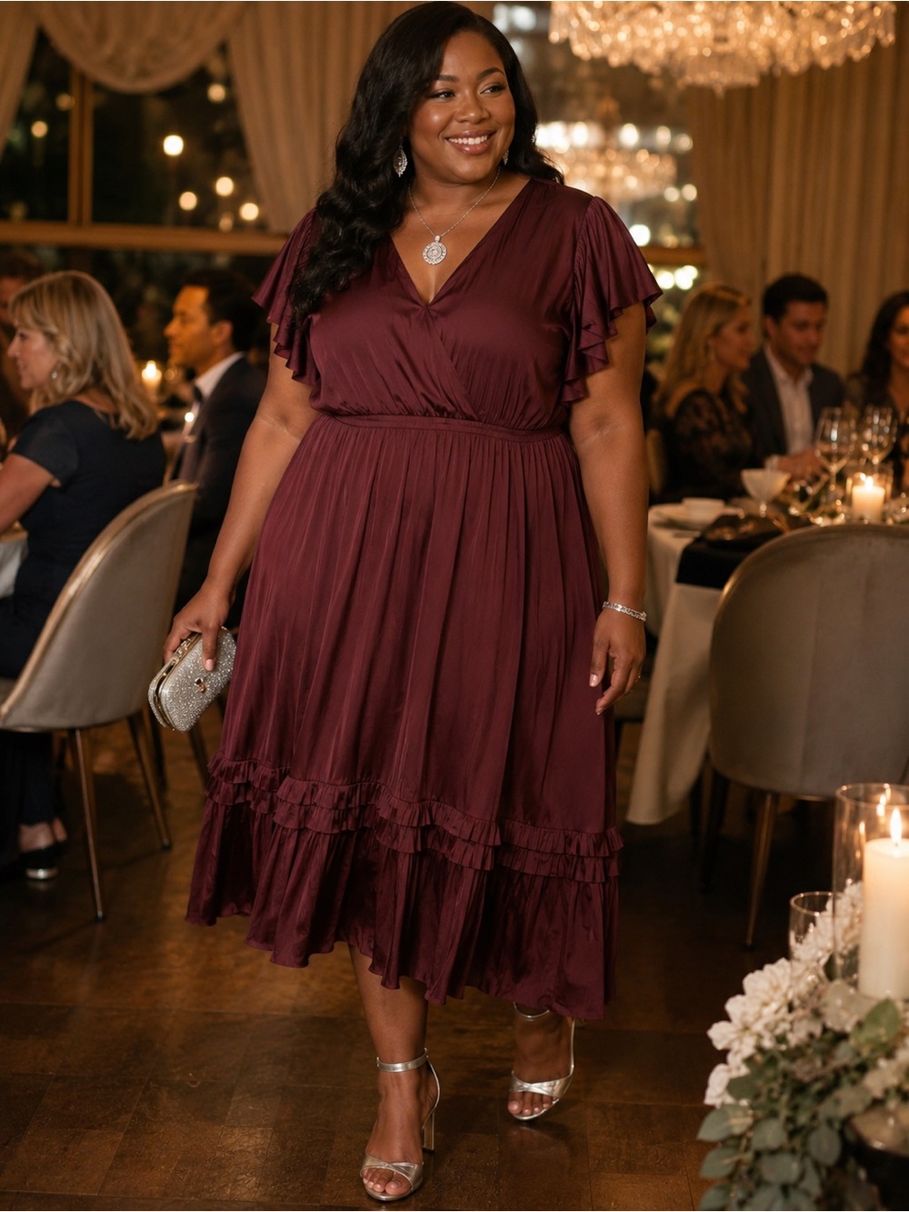 Lane Bryant Plus Size 22 Wine Burgundy Pleated Dress Flutter Sleeve Romantic